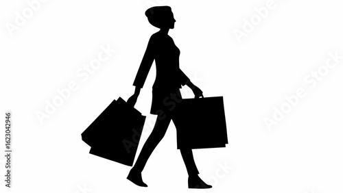 Silhouette of a woman walking with shopping bags in hand after a day of retail therapy and purchases