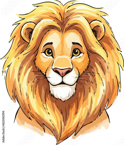 A cartoon lion with a golden mane and gentle expression