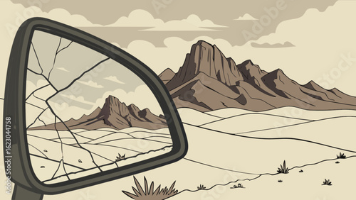 A vintage car mirror reflecting a desert landscape with mountains, a cracked mirror showing a broken view of nature, a perfect illustration for travel and adventure