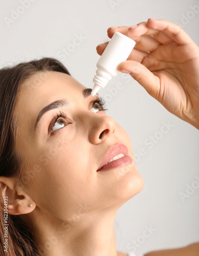 Una mujer administrando gotas para los ojos.
