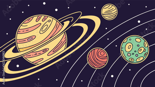 Cartoon planets in space with stars and orbits, a whimsical and decorative illustration for astronomy enthusiasts and cosmic art lovers in yellow