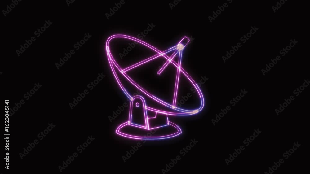 Satellite Antenna Icon Neon Seamless Loop 4K Black Background Animated Promotional Typography for Video Editing
