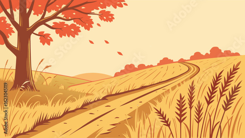 Scenic autumn landscape featuring a winding road through golden fields, a solitary tree, and falling leaves, capturing the essence of the countryside