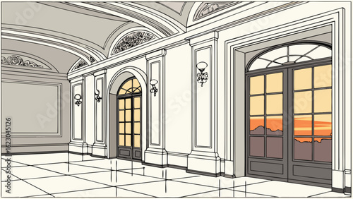 Grand interior featuring arched doorways and windows framing a picturesque sunset, blending classic architecture with vintage design in a luxurious space