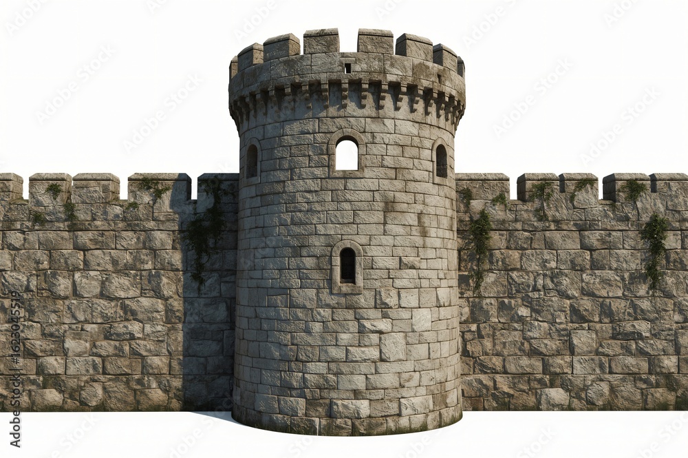 Fototapeta premium Stone tower, castle wall, isolated, ivy, medieval, game design