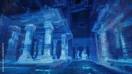 Holographic Ruins Architecture Abstract Ancient temple remnants reconstructed in flickering blue lasers digital archaeology projection