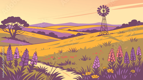 A serene countryside landscape featuring rolling hills, a vintage windmill, and vibrant wildflowers under a warm sunset sky, creating a peaceful rural scene
