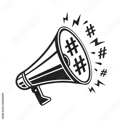 A black silhouette of a retro megaphone shouting hashtag symbols for social media activism or online promotion.