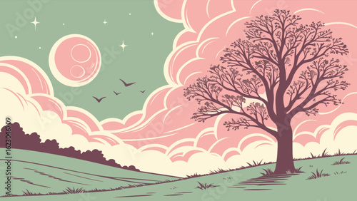 A dreamy landscape with a full moon and a solitary tree, evoking a sense of peace and tranquility in a vintageinspired artistic style
