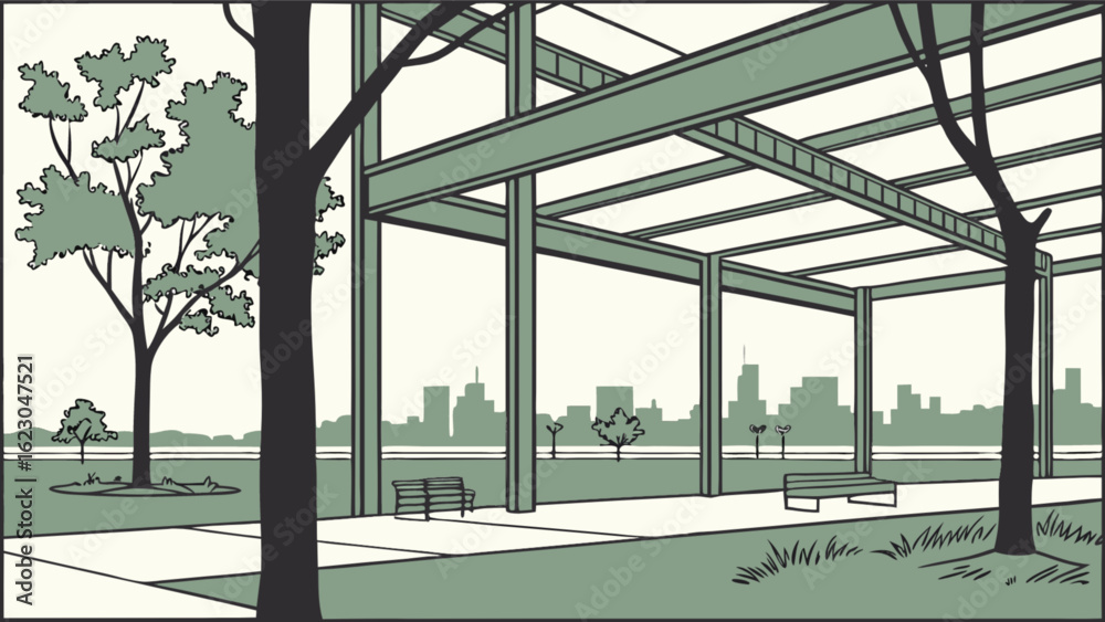 Obraz premium A tranquil urban park scene featuring a steel frame structure, trees, and a cityscape in the background, creating a serene and modern outdoor environment