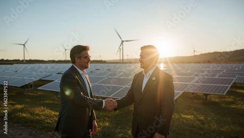 Businessmen shaking hands at solar panel farm with wind turbines at sunset
