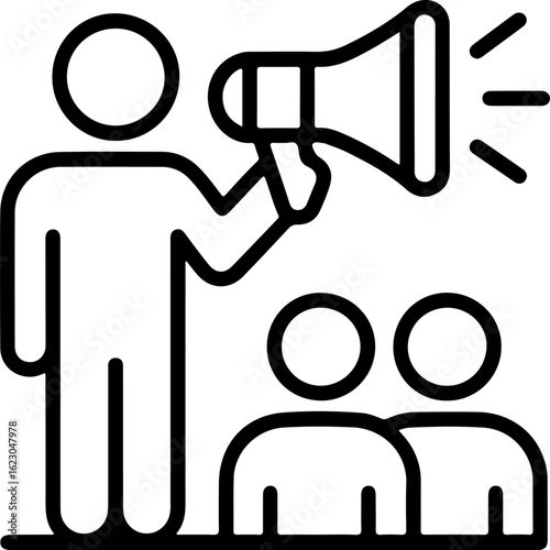 Person with megaphone announcing to a crowd of people icon