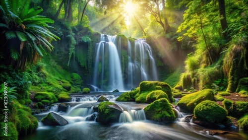 Serene Waterfall Cascading Through Lush, Moss-Covered Rocks Bathed in Sunlight's Golden Rays