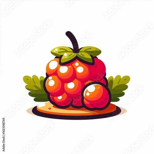 A stylized cartoon illustration of a glossy red raspberry with a green stem and leaves.