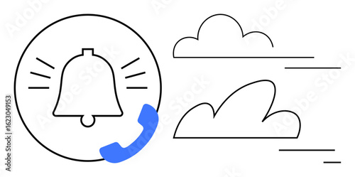 Bell icon emitting alert signals paired with phone receiver and abstract clouds. Ideal for communication, notification, cloud interaction, technology, support service, updates, simple landing page