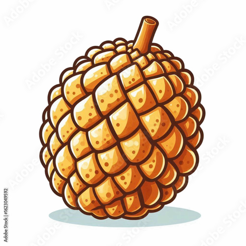 A stylized illustration of a golden yellow tropical fruit with a segmented, scaly rind.