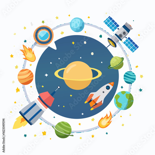 Whimsical Solar System Adventure: A Cartoon Depiction of Planets and Spacecrafts