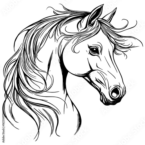 Sketch in black of a horses head with flowing mane