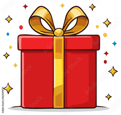 Red gift box with gold ribbon and colorful accents 