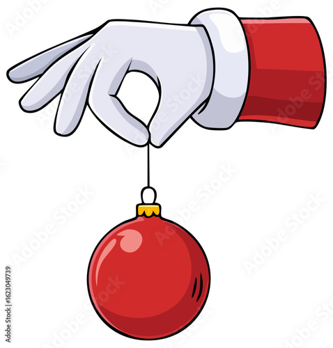 Santa Claus hand with white glove holding a red Christmas ornament by a string, isolated 