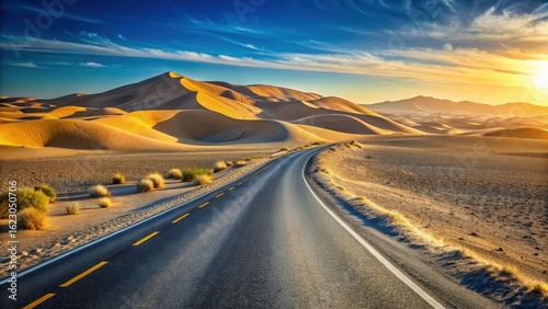 Asphalt ribbon unwinding through sun-drenched desert dunes at sunset, a journey of golden light and endless horizons