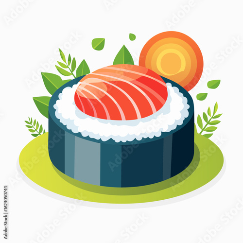 Cartoon Sushi Roll Illustration with Salmon Topping and Decorative Greenery Arrangement