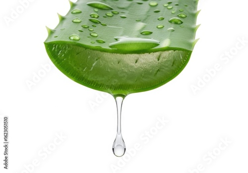 Aloe vera leaf slice with dripping gel isolated on white background