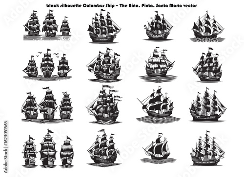 Columbus Ships Niña Pinta Santa María Silhouette Vector for Historical and Educational Designs