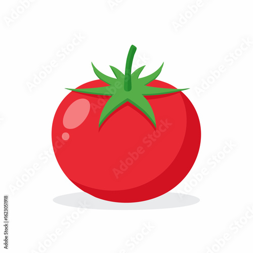 A simple and colorful illustration of a fresh, juicy red tomato with green leaves