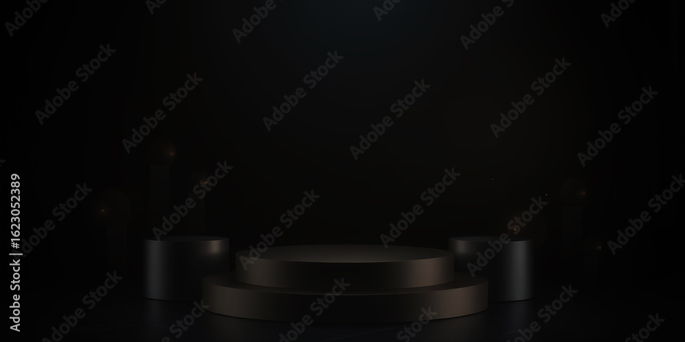 Obraz premium A dimly lit three tiered platform in a dark room with faint light reflecting on its surface