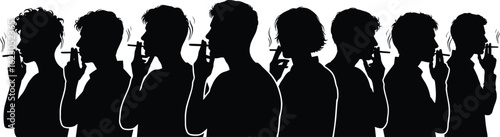 Silhouette of men smoking cigarette in profile view, multiple poses, tobacco addiction concept, vector illustration, white background, black figures, health risk