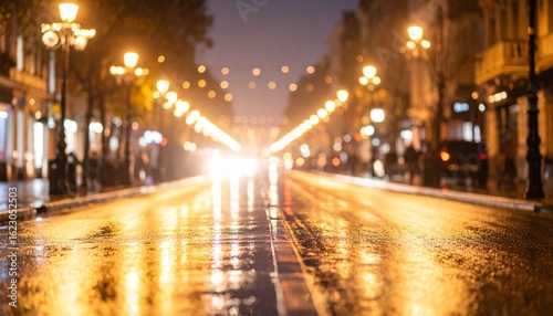 Low-Angle View of a Glistening Wet Street with Golden Reflections at Night.