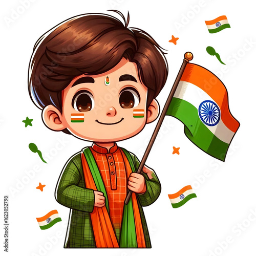 Indian Independence Day celebration cartoon illustration holding the flag, cute character isolated on a transparent background