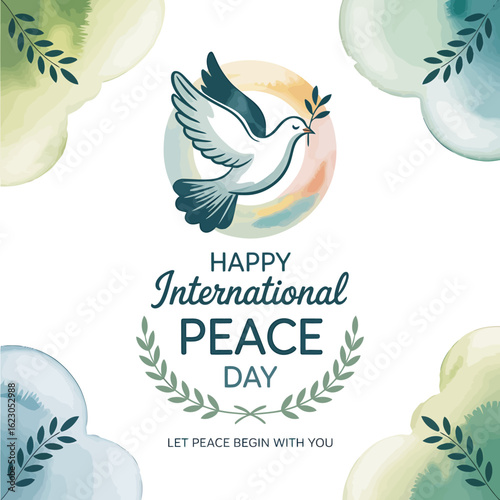Watercolor dove of peace with olive branch celebrating international peace day