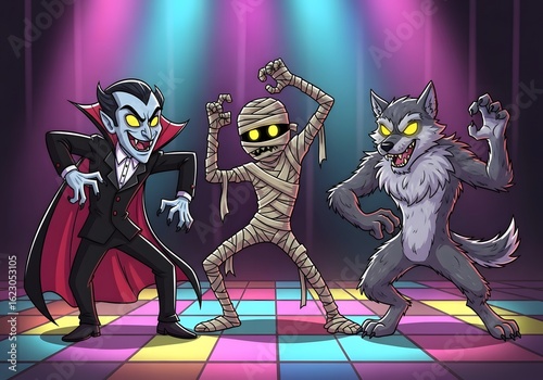 Cartoon Halloween monsters dancing at a retro disco party