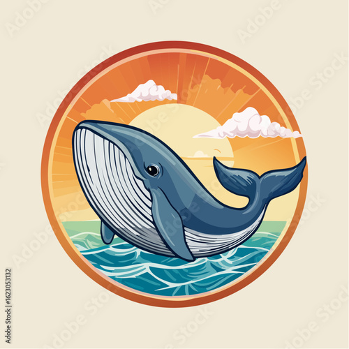 Captivating whale illustration with sunset backdrop inside a circular emblem design