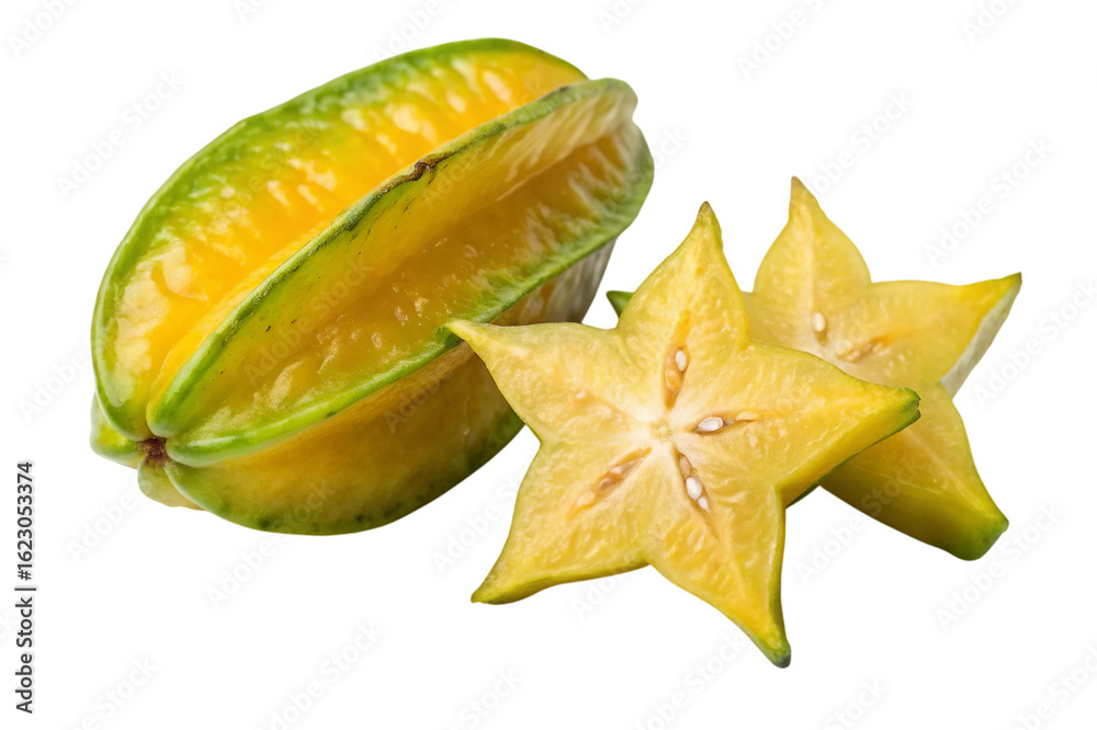 Fototapeta premium Whole and sliced star fruit on a white background