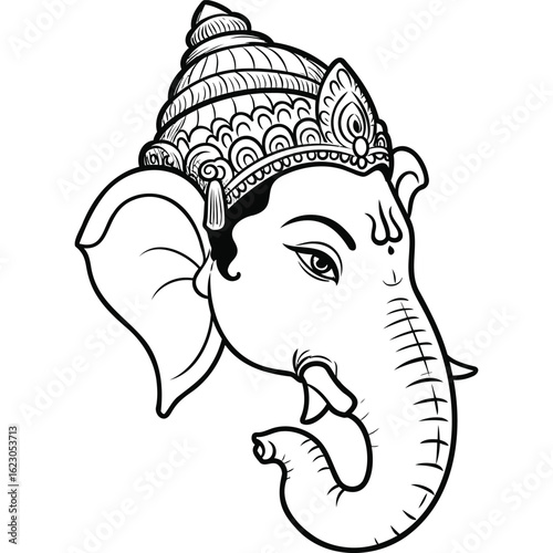 Illustration of ganesha head with intricate details and traditional headdress in black and white line art silhouette