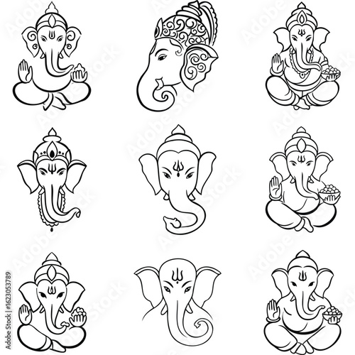 A collection of nine black and white line drawings of ganesha in various poses and styles on white background silhouette