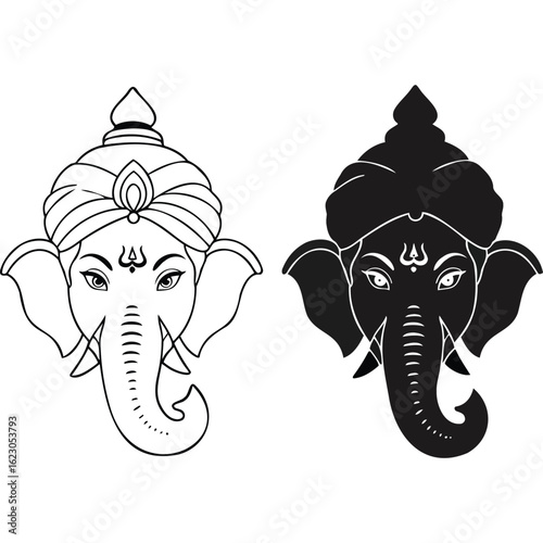 Illustration of ganesha head in black and white line art with traditional headdress and trunk details silhouette