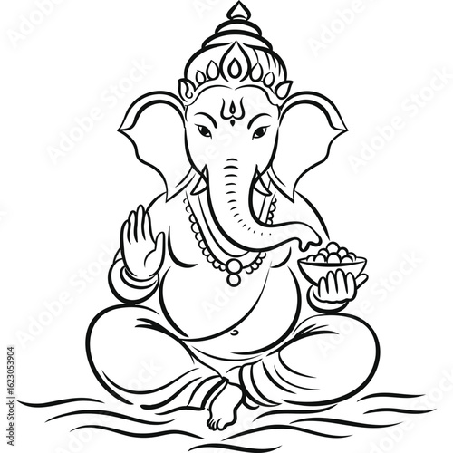 A simple line drawing of ganesha sitting in lotus position holding a bowl of sweets in his hand calmly silhouette