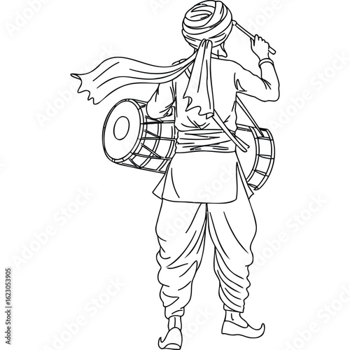 A man in traditional attire playing drums with a turban and shawl in a black and white line drawing style silhouette