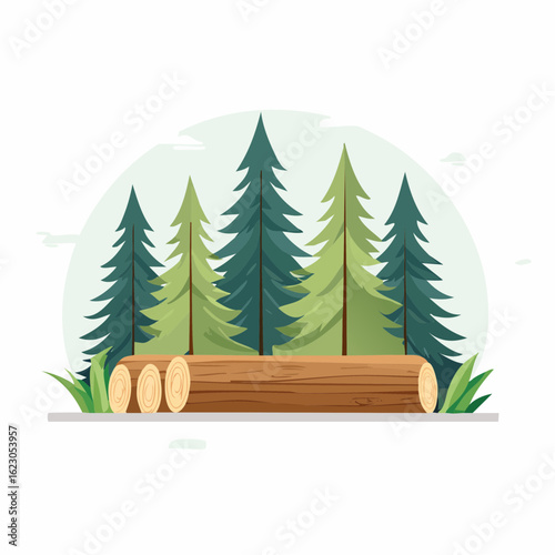 Serene pine forest with felled log illustration emphasizing nature's beauty and tranquility