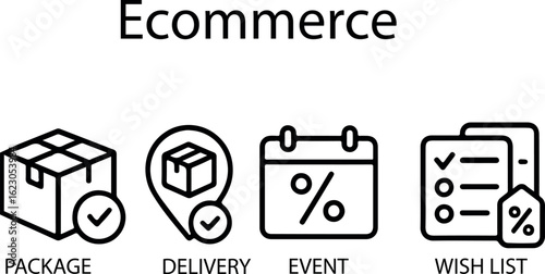 E-commerce and Shopping Outline Icon Set with Package and Wishlist