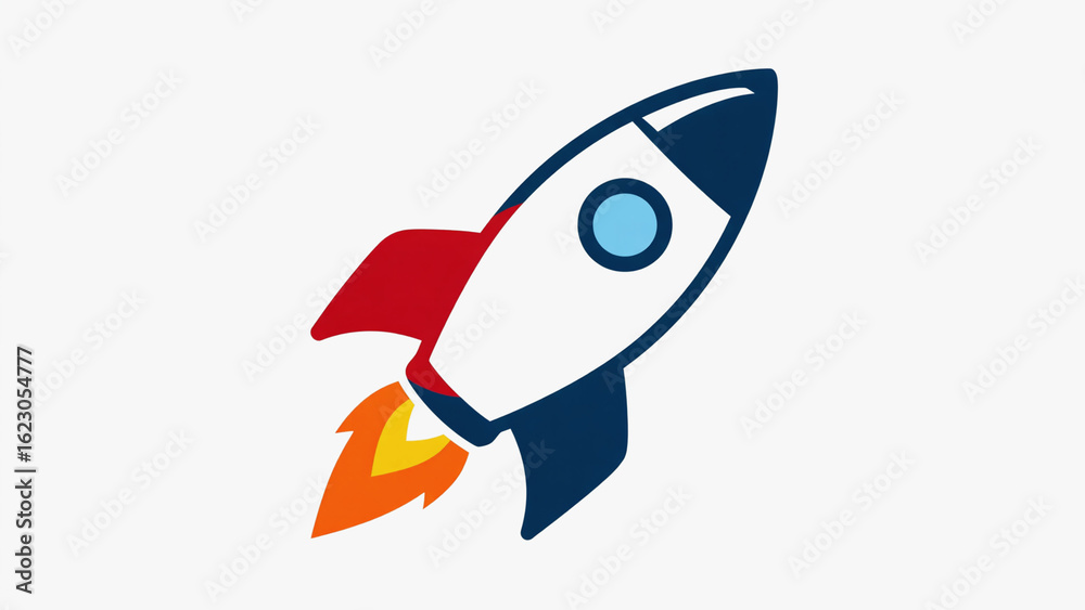 Fototapeta premium Launching Rocket with Red Fin and Blue Nose on White