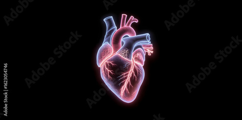 Glowing Neon Digital Illustration of Human Heart on Black Background

