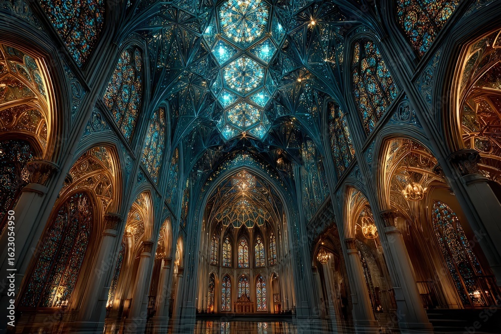 Obraz premium Architecture geometry A cathedral where stained glass forms kaleidoscopic mandalas sacred geometry in architecture