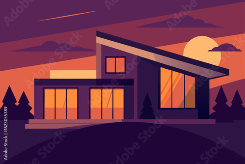 Modern minimalist house with large windows at dusk with a warm orange glow against a purple sky