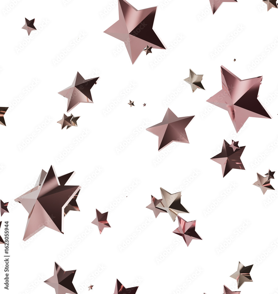 Obraz premium Beautiful rose gold stars falling on white background. Perfect for holiday or celebration designs.