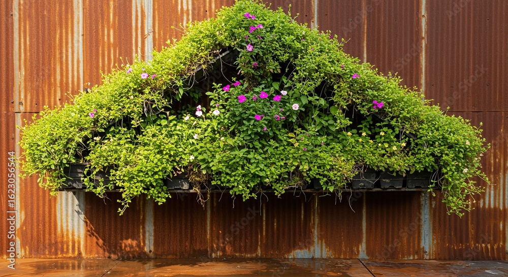 Fototapeta premium Lush Greenery Cascades Over Rusted Corrugated Metal Wall with Delicate Pink and White Flowers